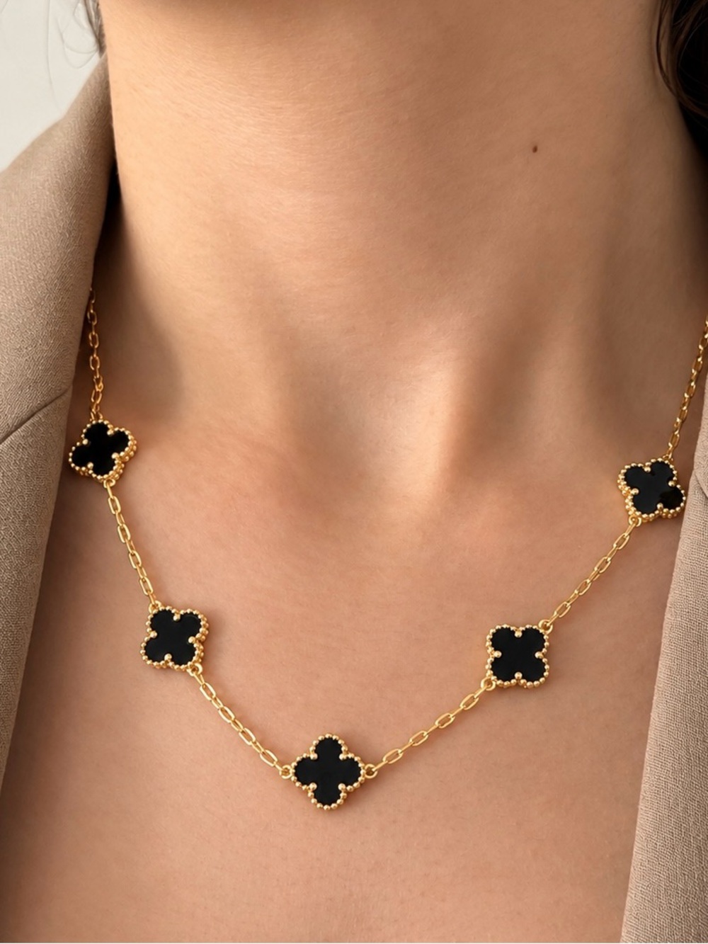 Black Clover Charm Necklace 14K Gold Plated Adjustable Necklace Luck Pendant